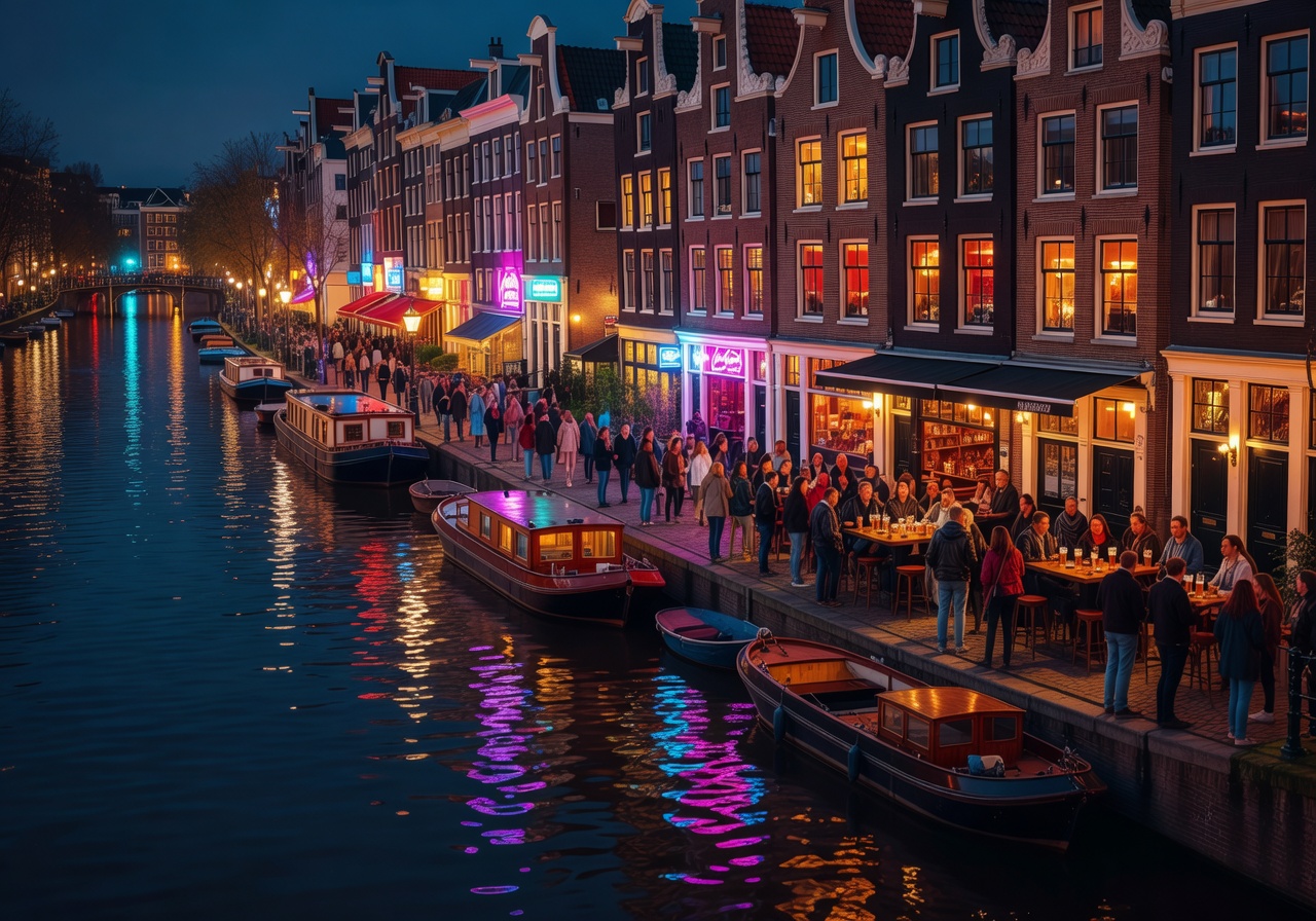 Amsterdam canal district nightlife with glowing bar reflections on water
