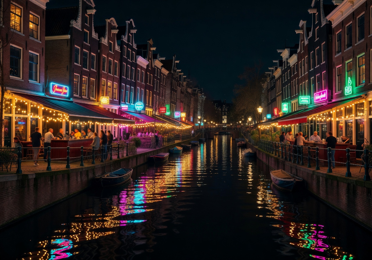 Amsterdam nightlife with illuminated canal bars and neon reflections