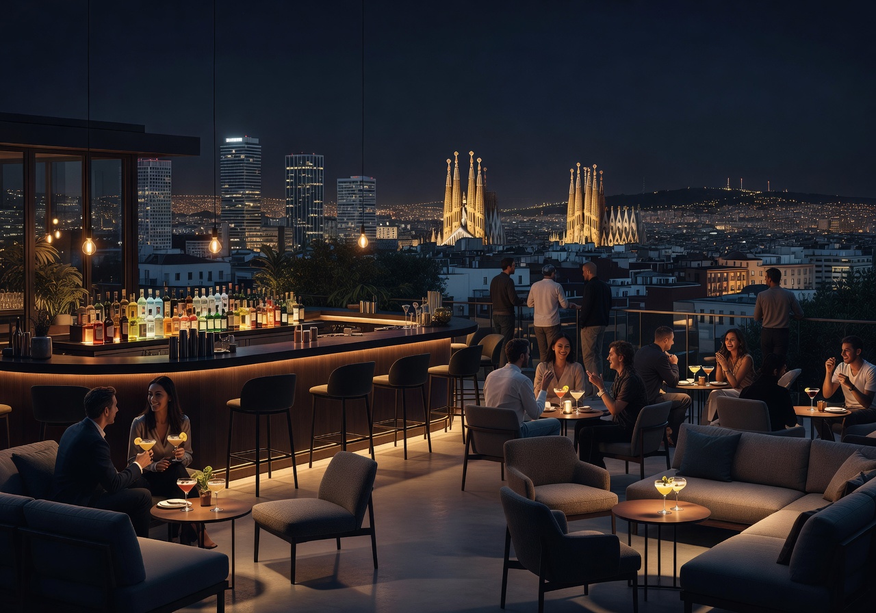 Barcelona rooftop bar with city skyline view at night