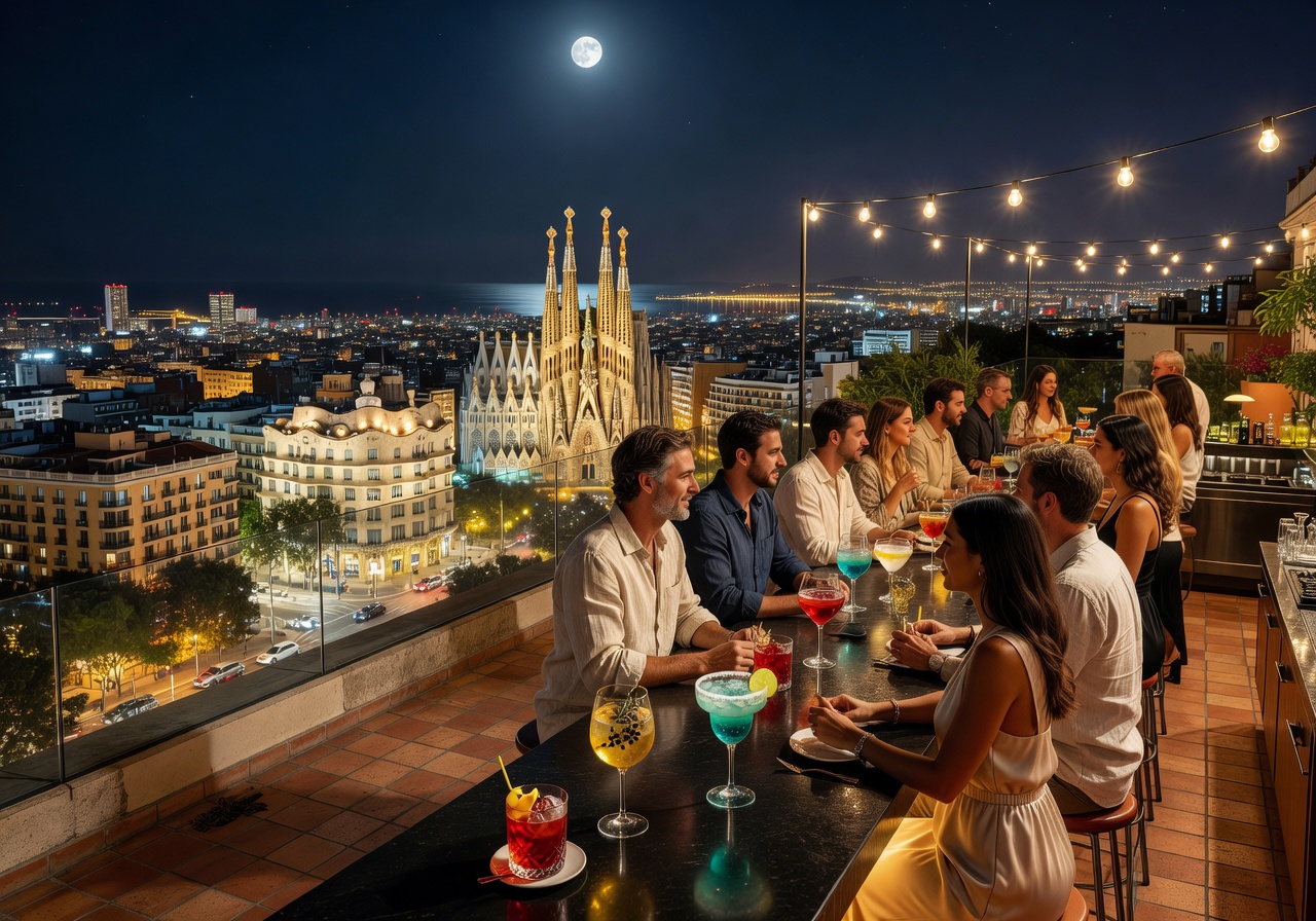 Barcelona rooftop nightlife with panoramic city view and cocktails