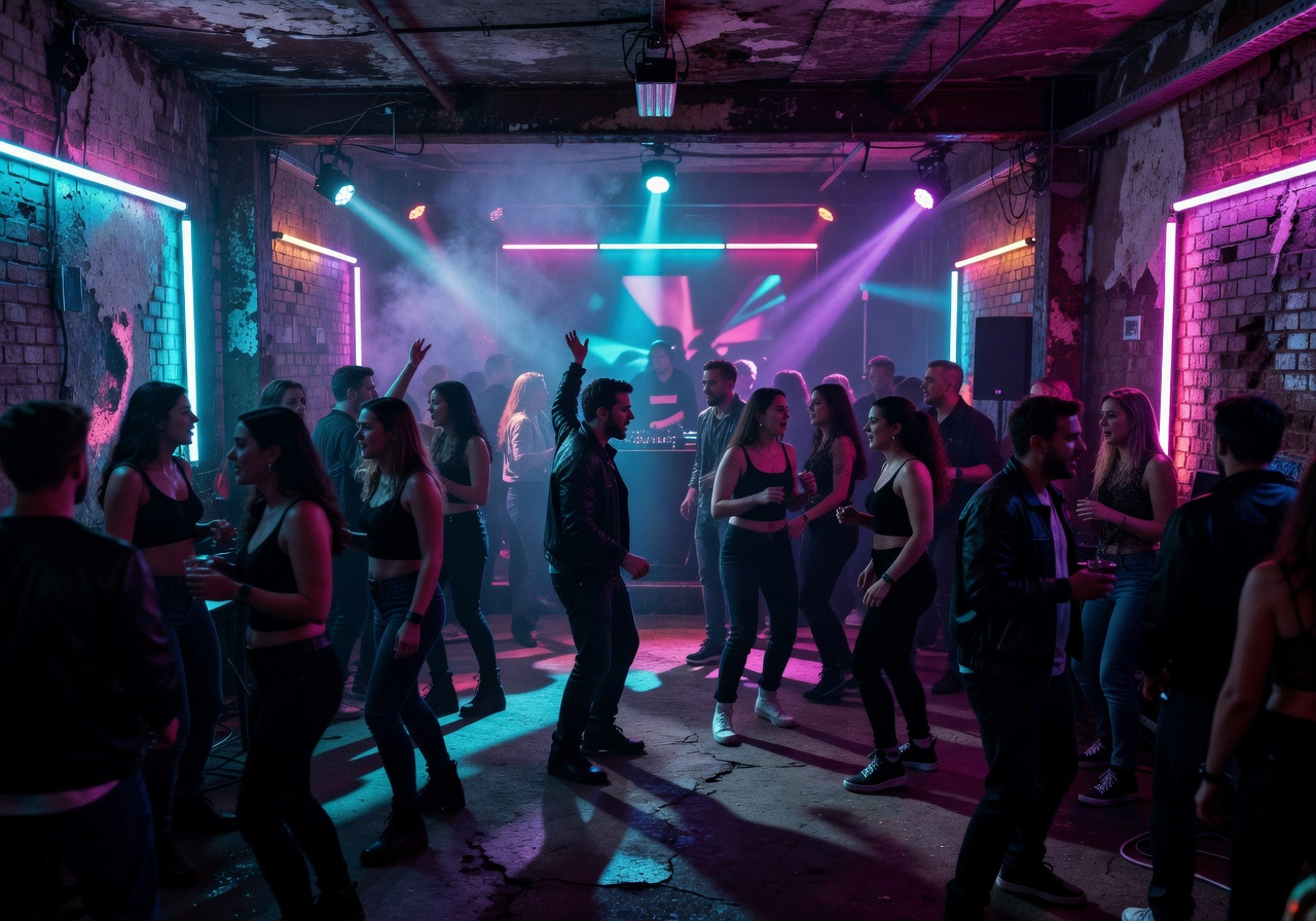 Berlin nightlife scene with underground club neon lighting