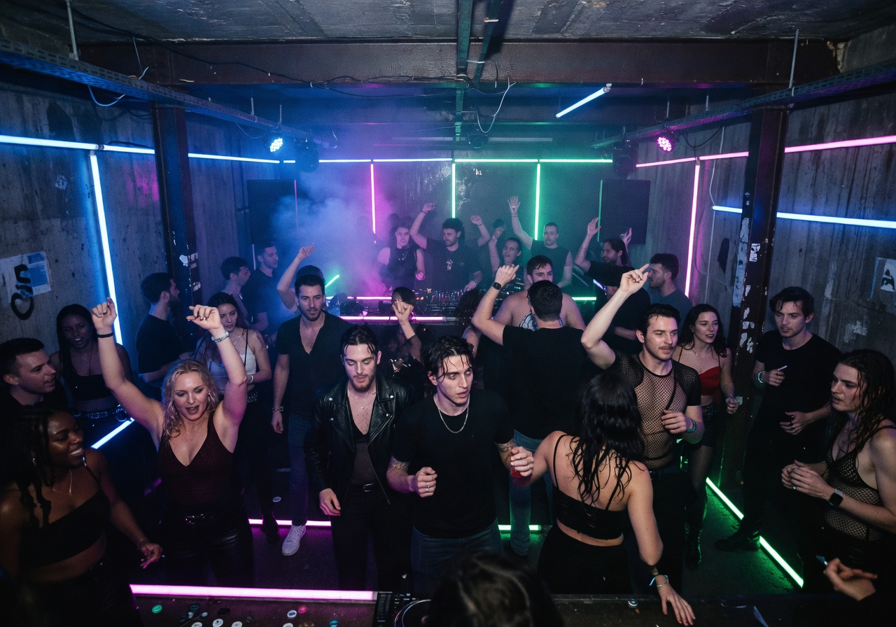 Berlin underground techno club with neon lighting and crowd