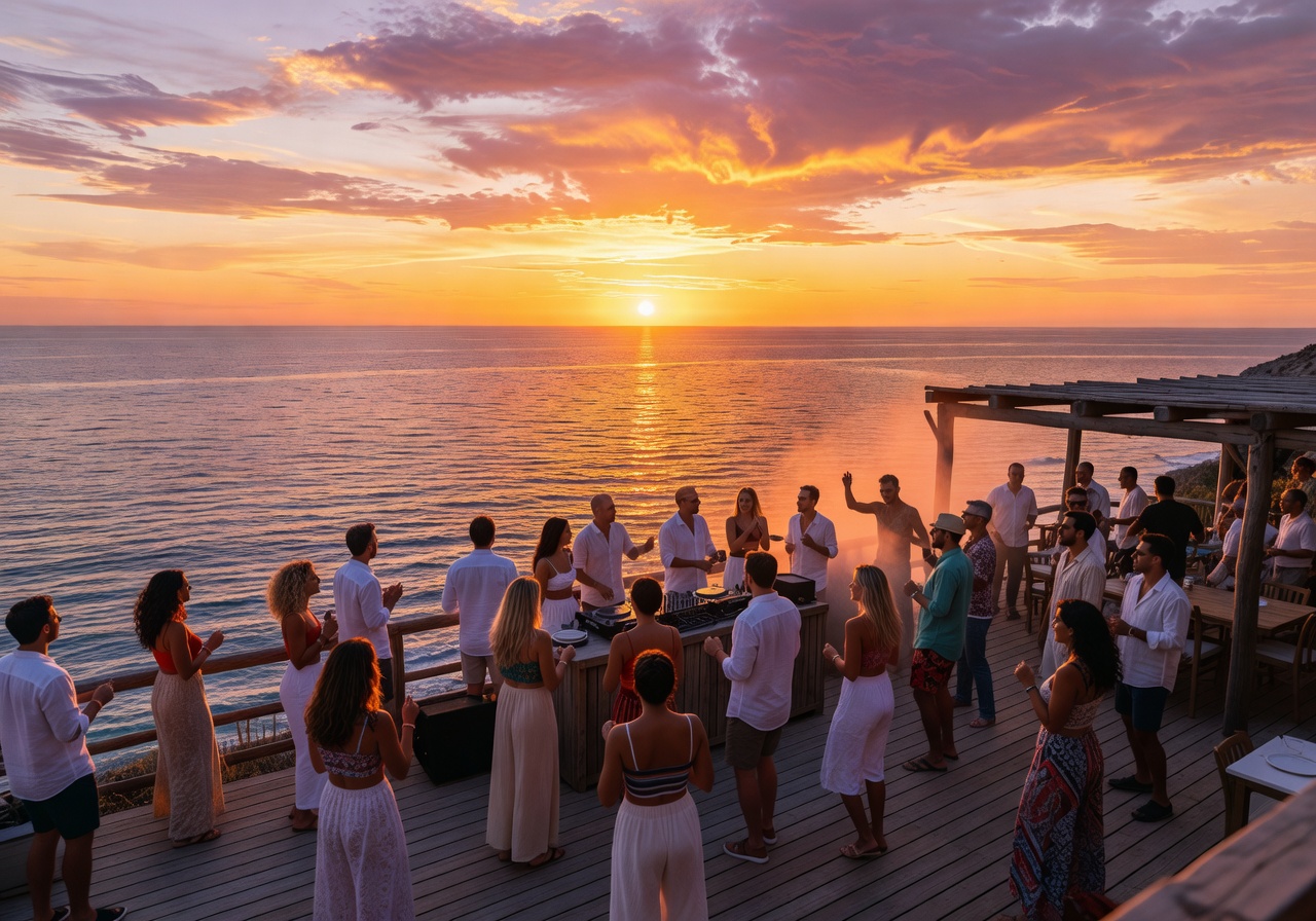 Café Mambo Ibiza sunset DJ set with crowd overlooking the ocean
