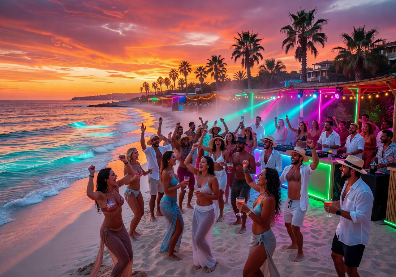 Ibiza nightlife with neon lights and dancing crowd at a beach club