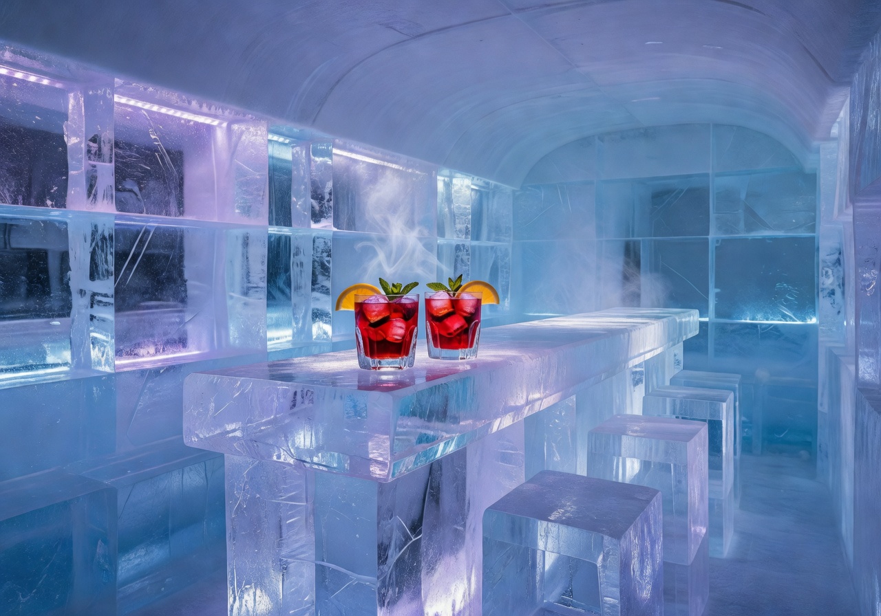 Icebar Amsterdam with glowing ice interior and cocktails