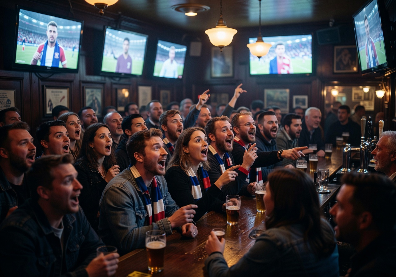 London nightlife with pub crowd watching football on big screens