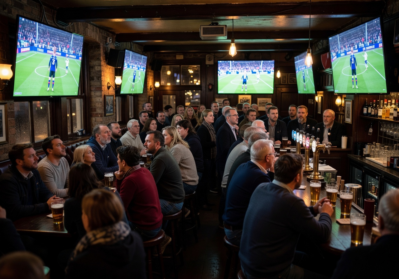 London pub crowd watching Premier League football on big screens at night