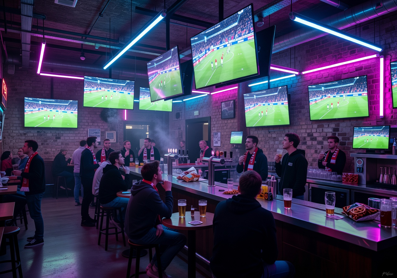 Sportsbar Berlin Alexanderplatz interior with neon lights and football screens